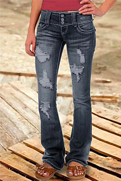 Button Down Distressed Ripped Jeans with Pockets