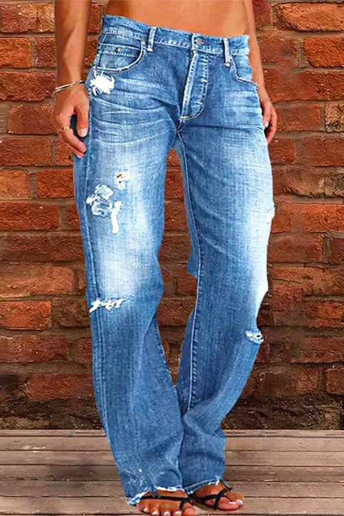 Casual One Button Ripped Jeans with Pockets