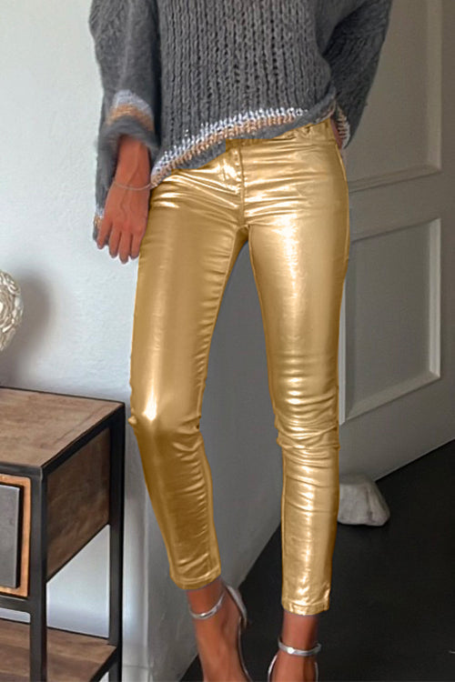 Slim Fit Faux Leather Leggings Pants with Pockets