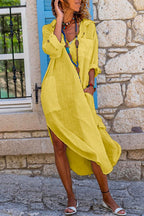 Buttons Side Split Cotton Linen Shirt Dress with Pockets