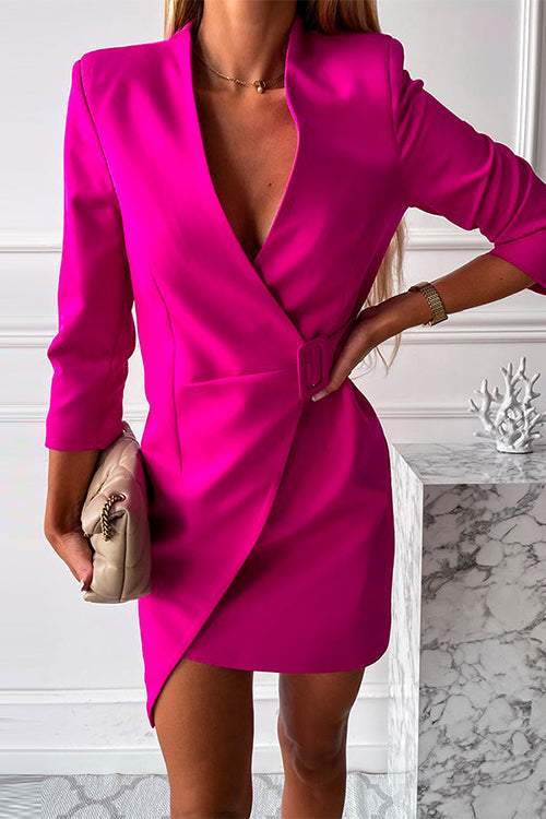 Solid Wrap V Neck High Waist Blazer Dress