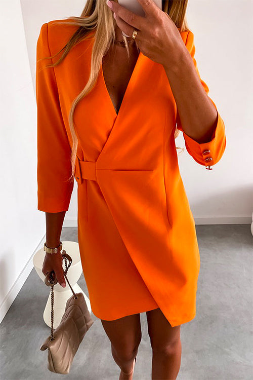 Solid Wrap V Neck High Waist Blazer Dress