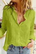 Solid Button Down Cotton Linen Blouse Shirt