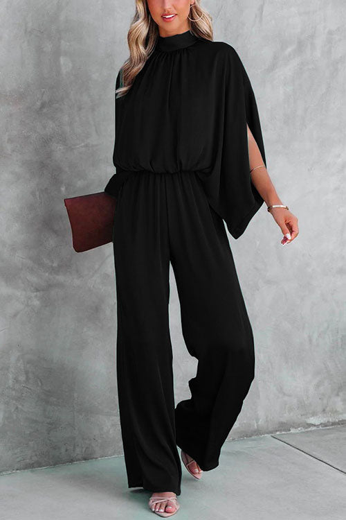Stand Collar Slit Sleeve Waisted Wide Leg Jumpsuits( in 5 Colors)