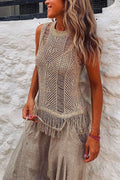 Tassel Crewneck Sleeveless Hollow Out Cover Up