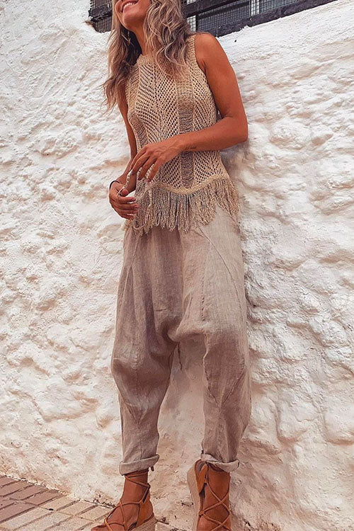 Tassel Crewneck Sleeveless Hollow Out Cover Up