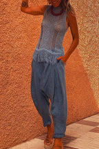 Tassel Crewneck Sleeveless Hollow Out Cover Up