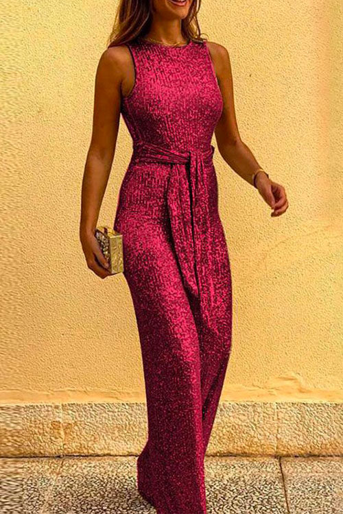 Crewneck Sleeveless Tie Waist Sequin Jumpsuit