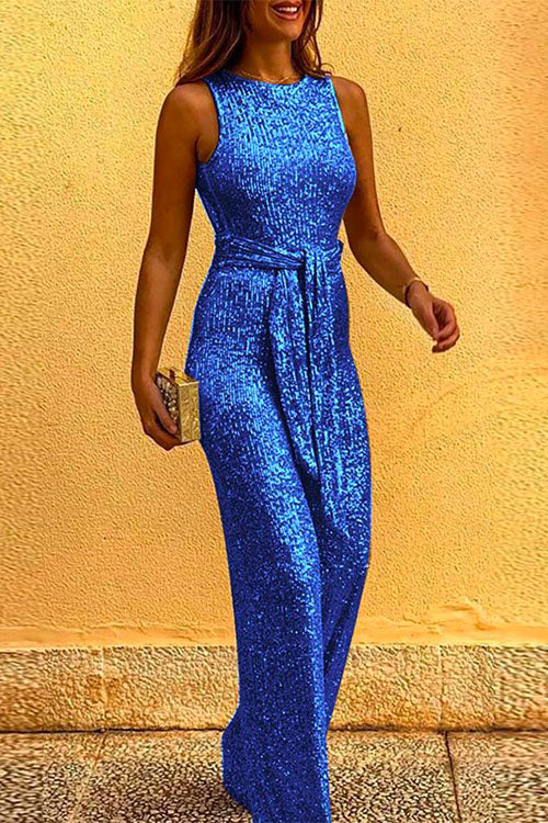 Crewneck Sleeveless Tie Waist Sequin Jumpsuit
