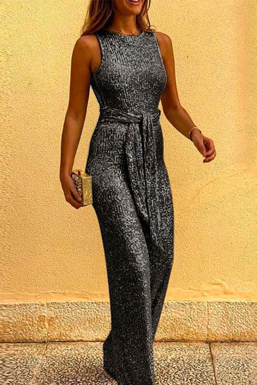 Crewneck Sleeveless Tie Waist Sequin Jumpsuit