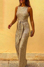 Crewneck Sleeveless Tie Waist Sequin Jumpsuit