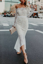 Off Shoulder Long Sleeve Floral Lace Bodycon Dress