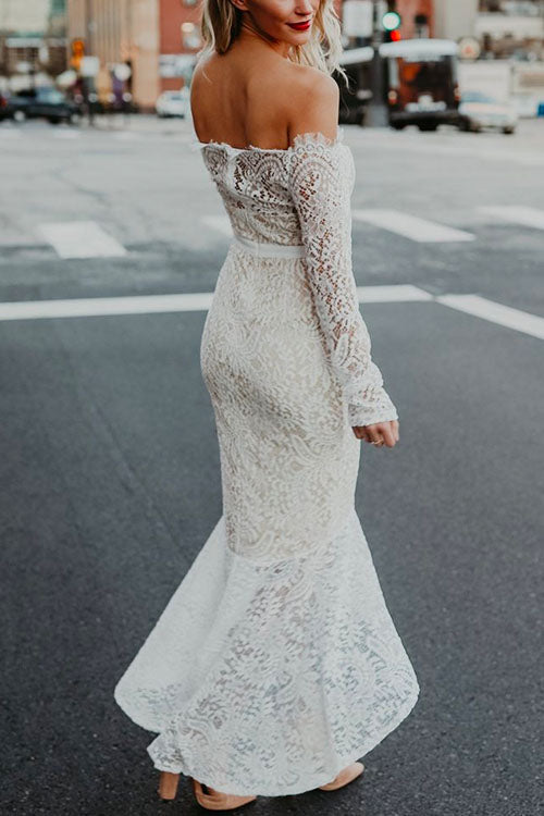 Off Shoulder Long Sleeve Floral Lace Bodycon Dress