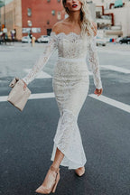 Off Shoulder Long Sleeve Floral Lace Bodycon Dress