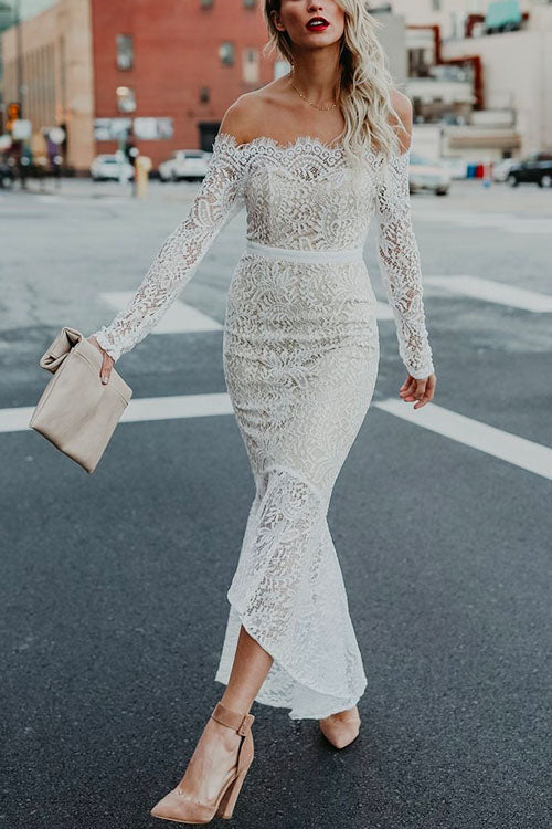 Off Shoulder Long Sleeve Floral Lace Bodycon Dress