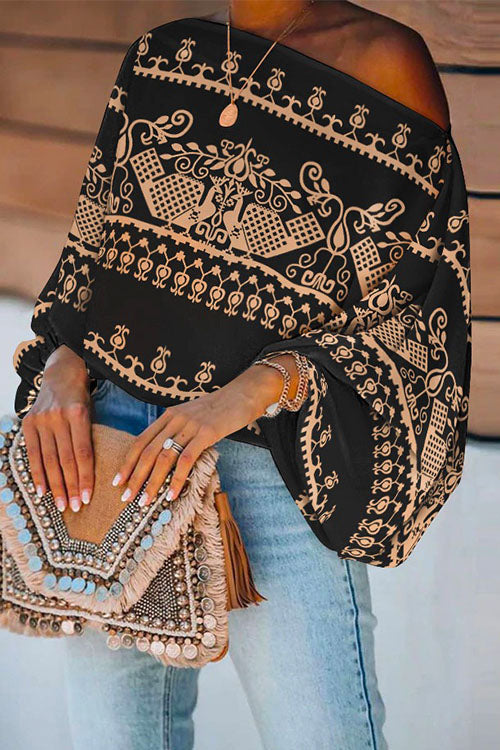 Fashion Style Off Shoulder Flare Sleeve Printed Shirt