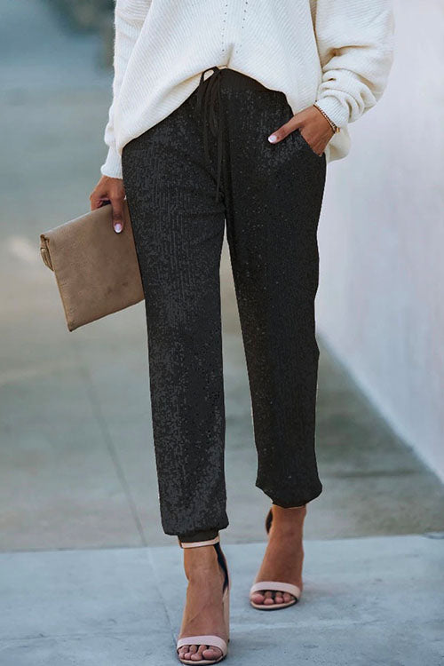 Tie Waist Sequin Joggers Pants with Pockets