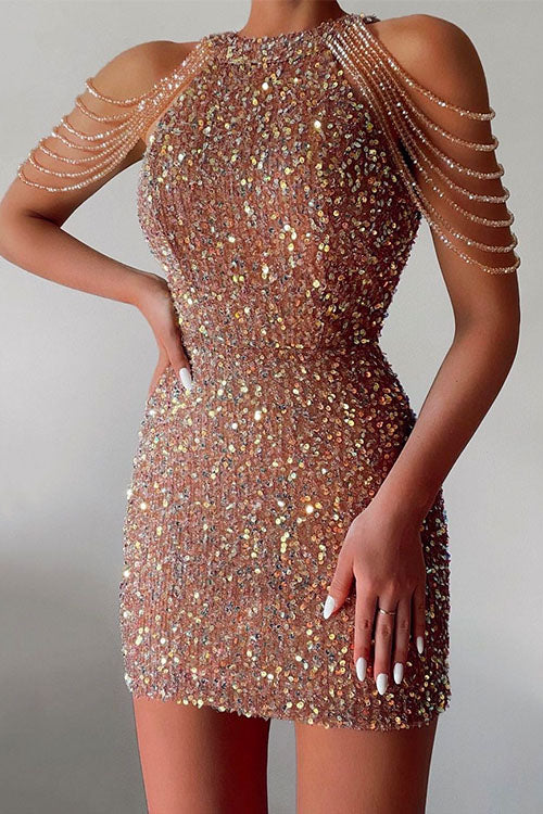 Halter Sleeveless Waisted Sequin Bodycon Dress