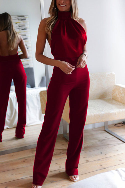 Halter Neck  Sleeveless Satin Slim Fit Jumpsuit