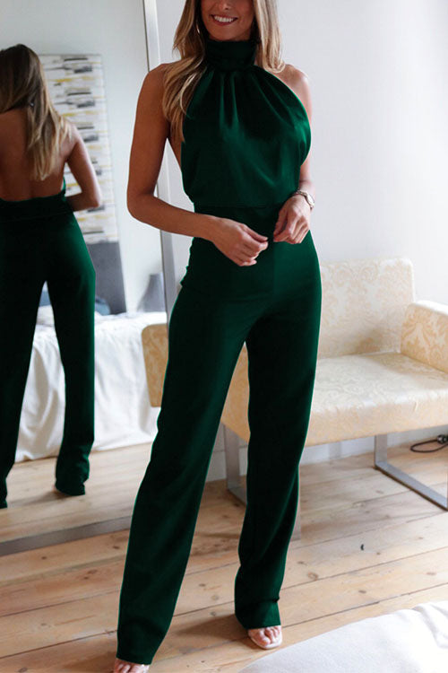 Halter Neck  Sleeveless Satin Slim Fit Jumpsuit