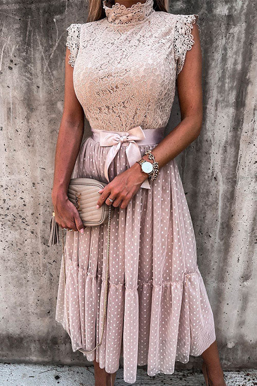 Fashion Style Mockneck Sleeveless Lace Swing Dress