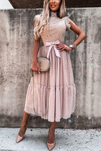 Fashion Style Mockneck Sleeveless Lace Swing Dress