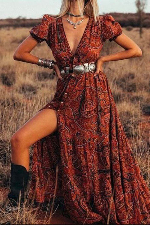 Bohemia V Neck Short Sleeve Printed Swing Dress