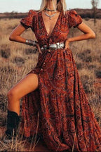 Bohemia V Neck Short Sleeve Printed Swing Dress