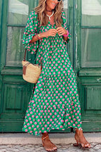 Puff Sleeve Geometry Printed Swing Dress