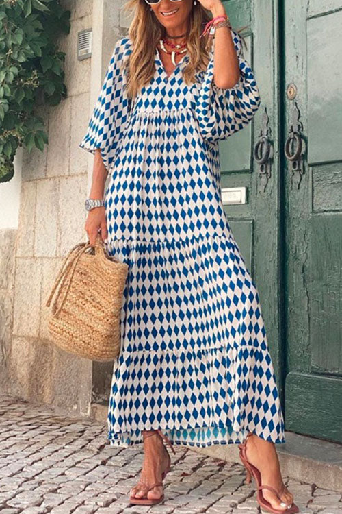 Puff Sleeve Geometry Printed Swing Dress