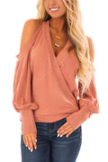 Wrap V Neck Cold Shoulder Lantern Sleeve Top