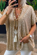 Stylish V Neck Short Sleeve Sequin T Shirt
