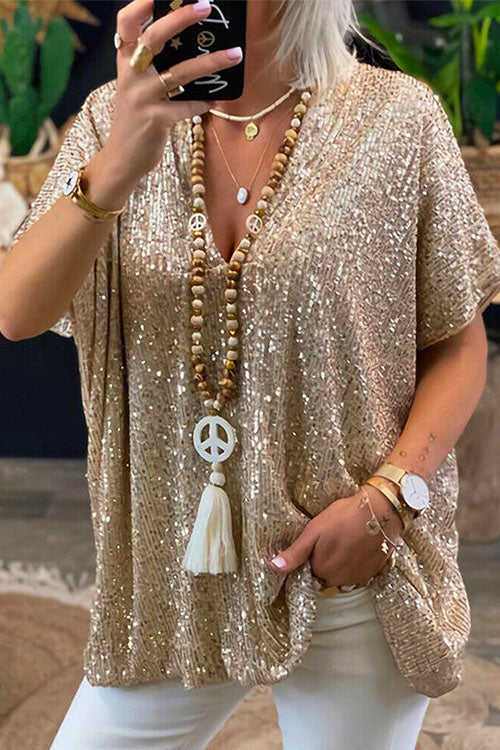 Stylish V Neck Short Sleeve Sequin T Shirt