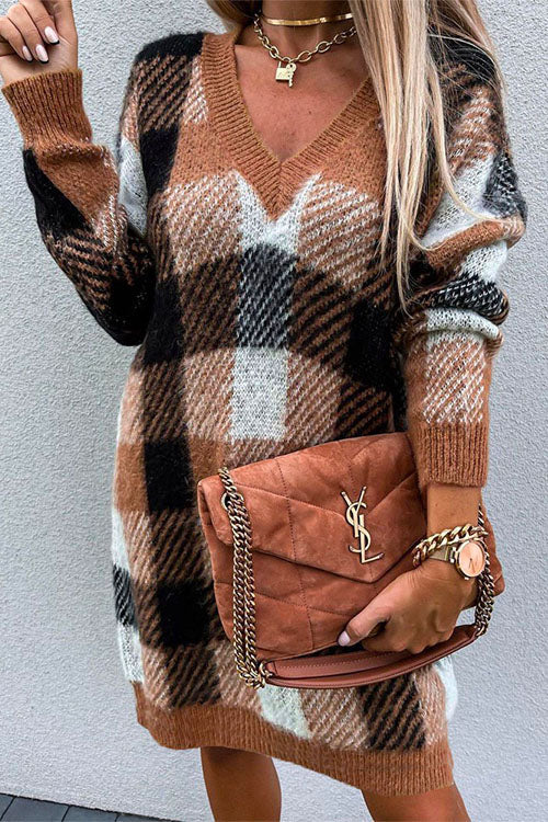 V Neck Long Sleeve Plaid Sweater Dress