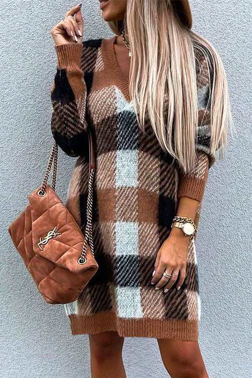 V Neck Long Sleeve Plaid Sweater Dress