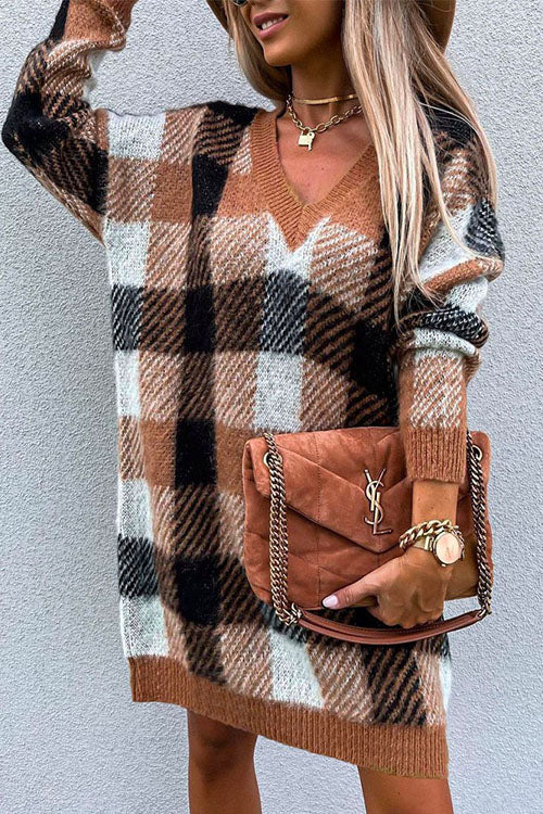 V Neck Long Sleeve Plaid Sweater Dress