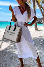 Wrap V Neck Tie Waist Side Split Cover Up Dress