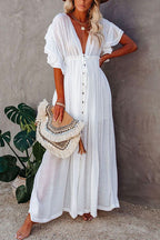 V Neck Short Sleeve Tie Waist Swing Beach Dress