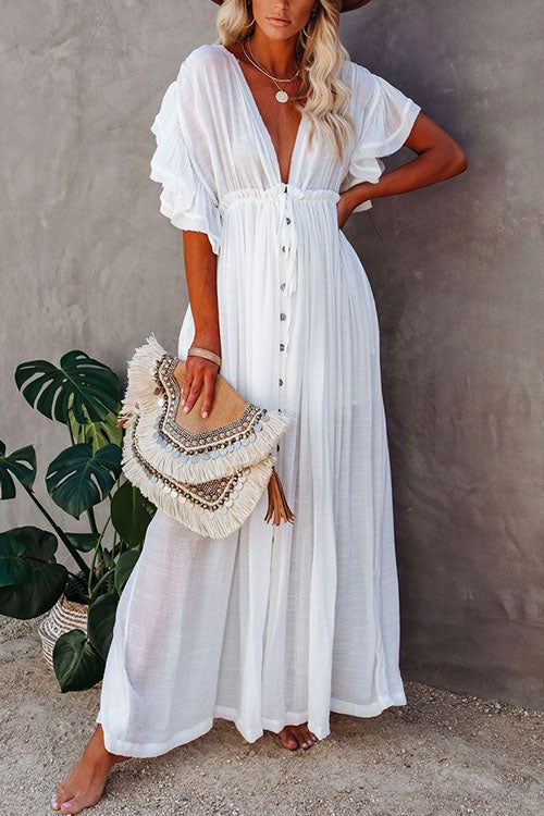V Neck Short Sleeve Tie Waist Swing Beach Dress