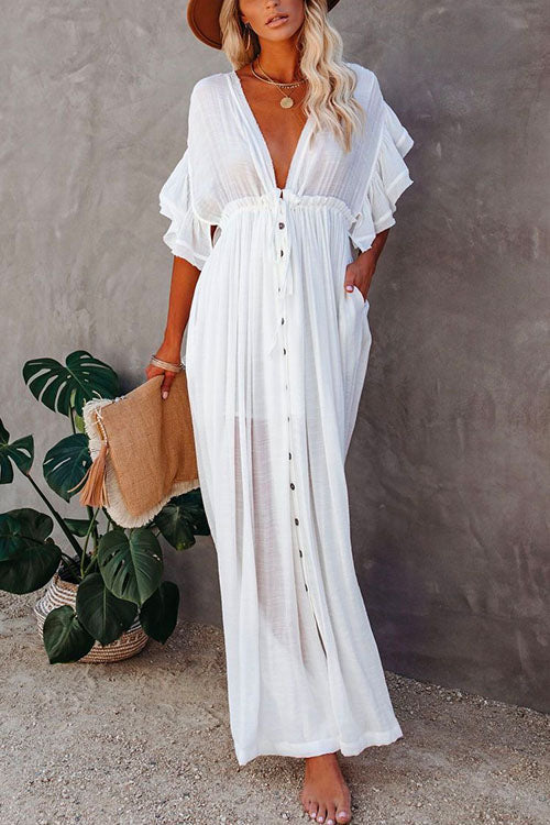 V Neck Short Sleeve Tie Waist Swing Beach Dress