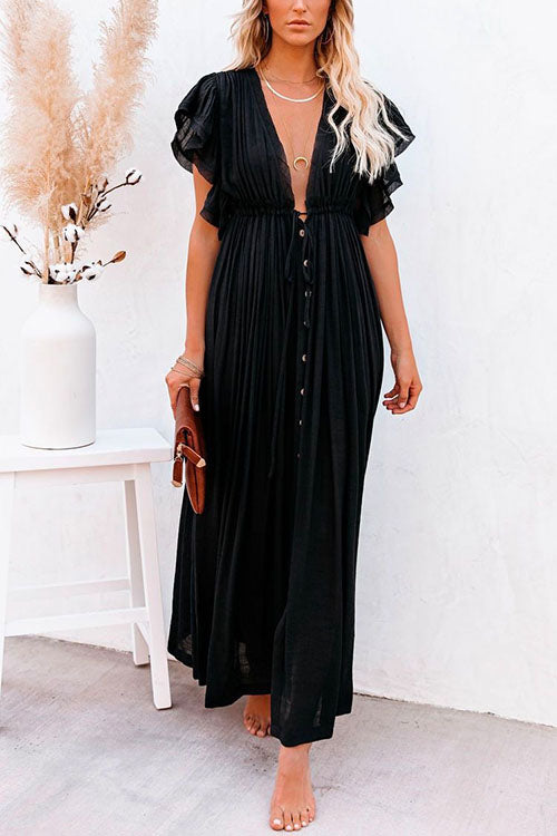 V Neck Short Sleeve Tie Waist Swing Beach Dress