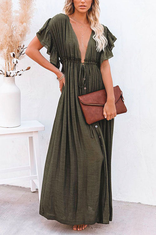 V Neck Short Sleeve Tie Waist Swing Beach Dress
