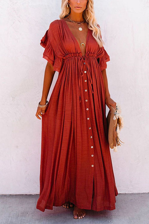 V Neck Short Sleeve Tie Waist Swing Beach Dress