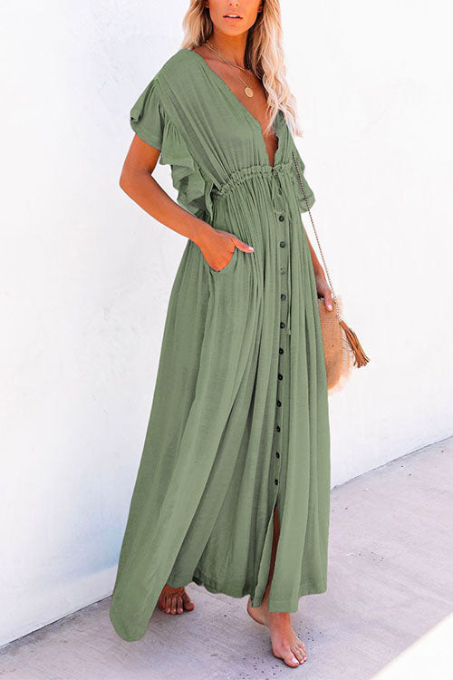 V Neck Short Sleeve Tie Waist Swing Beach Dress