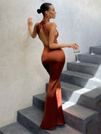 Halter Maxi Dress Sleeveless Sexy Stretch Pleated Floor Length Prom Dress