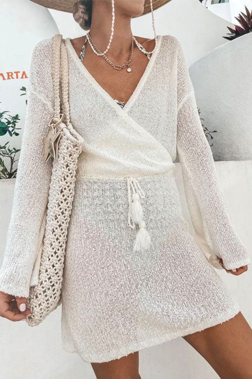 Fashion Style Wrap V Neck Tie Waist Beach Dress
