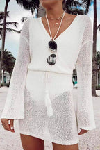Fashion Style Wrap V Neck Tie Waist Beach Dress