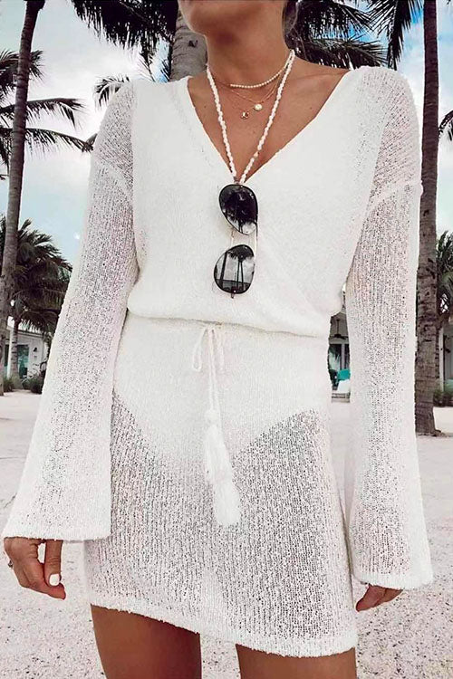 Fashion Style Wrap V Neck Tie Waist Beach Dress