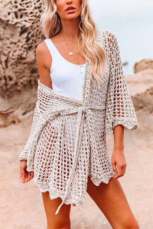Long Sleeve Hollow Out Tie Waist Beach Dress