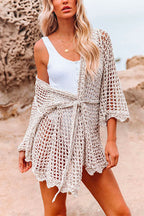 Long Sleeve Hollow Out Tie Waist Beach Dress